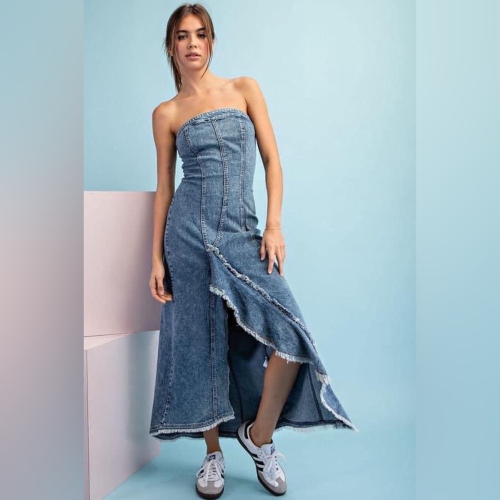 Mineral washed strapless denim maxi dress